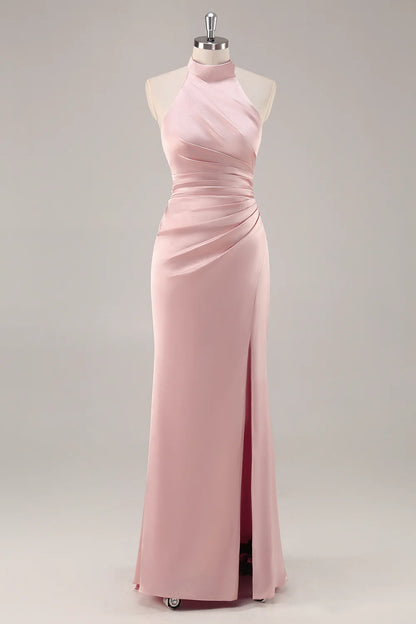 Strap satin pleated backless long bridal dress with slit