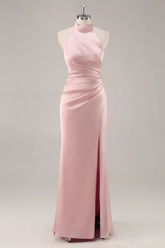 Strap satin pleated backless long bridal dress with slit