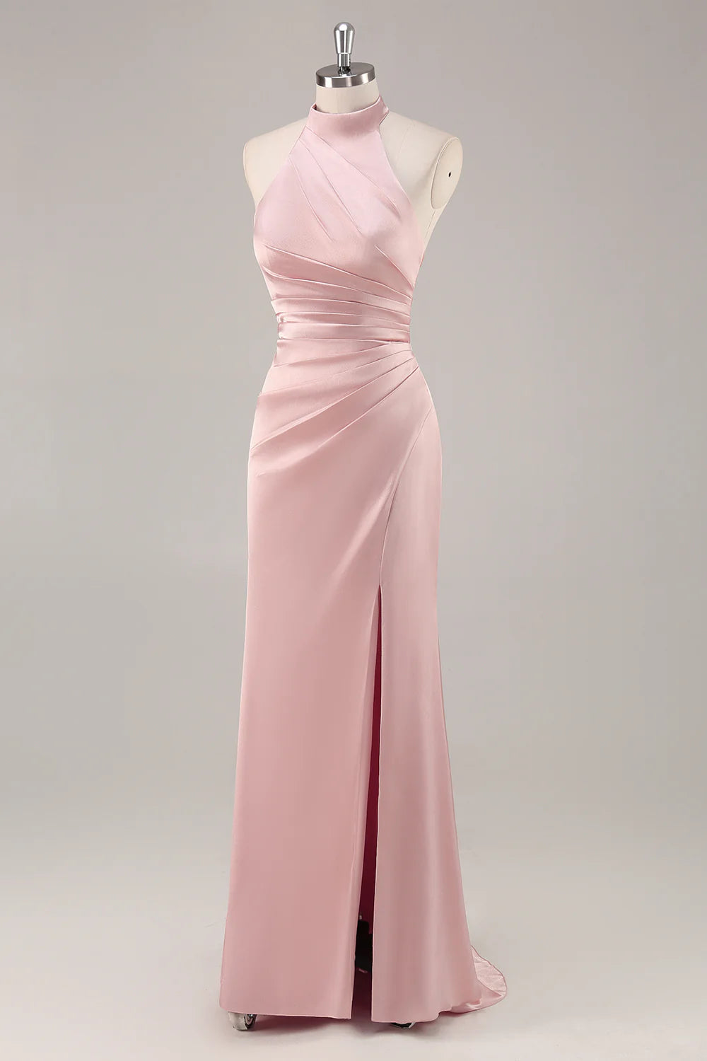 Strap satin pleated backless long bridal dress with slit
