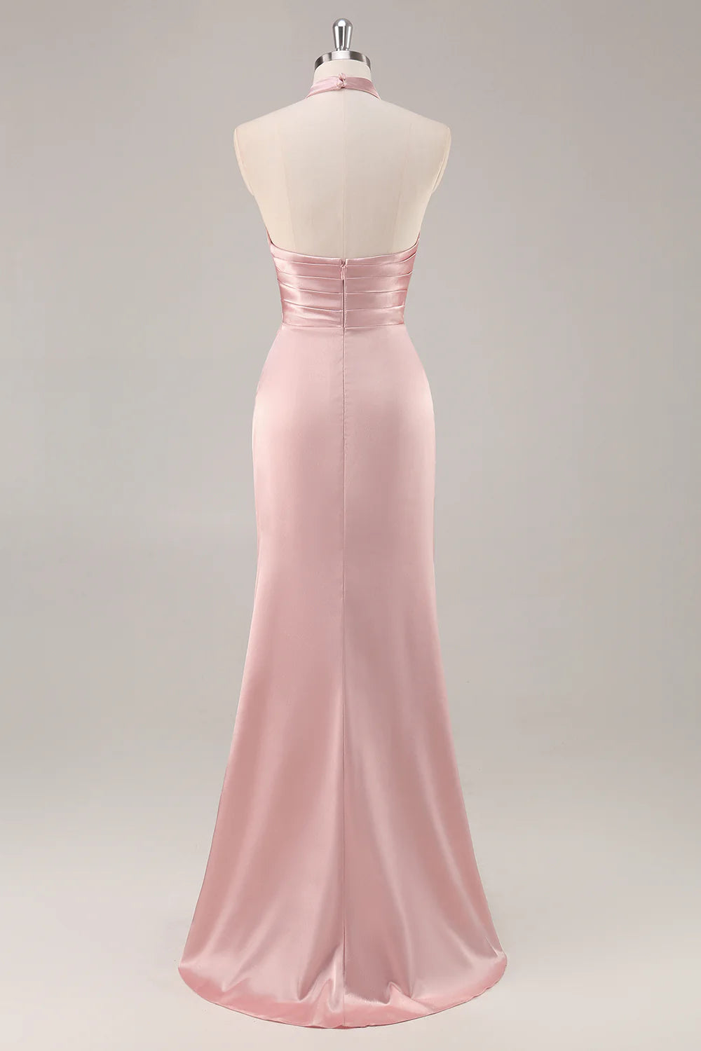 Strap satin pleated backless long bridal dress with slit