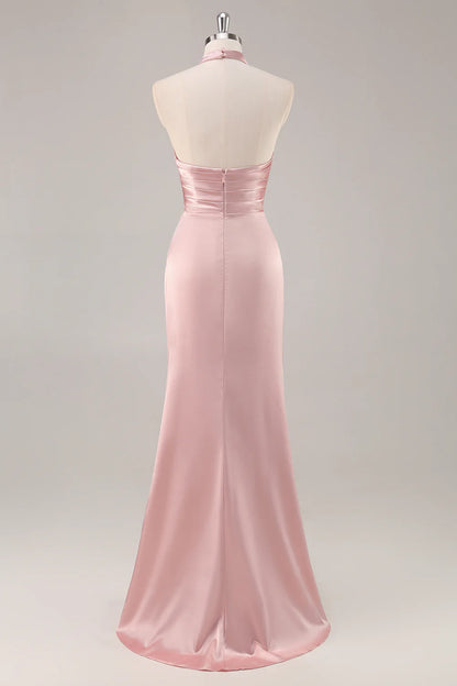 Strap satin pleated backless long bridal dress with slit