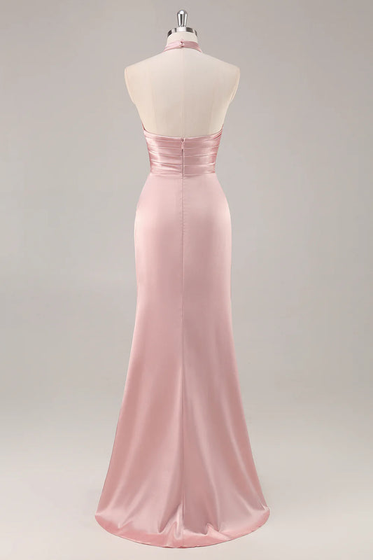 Strap satin pleated backless long bridal dress with slit