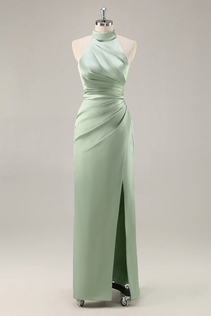 Strap satin pleated backless long bridal dress with slit