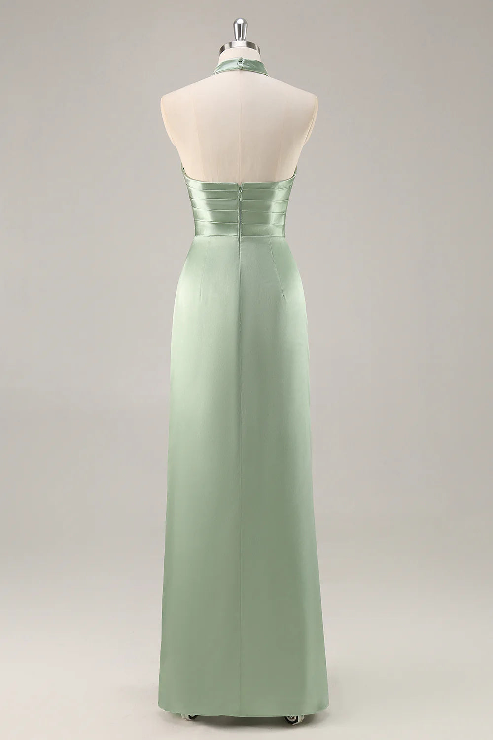 Strap satin pleated backless long bridal dress with slit