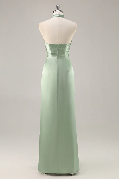 Strap satin pleated backless long bridal dress with slit
