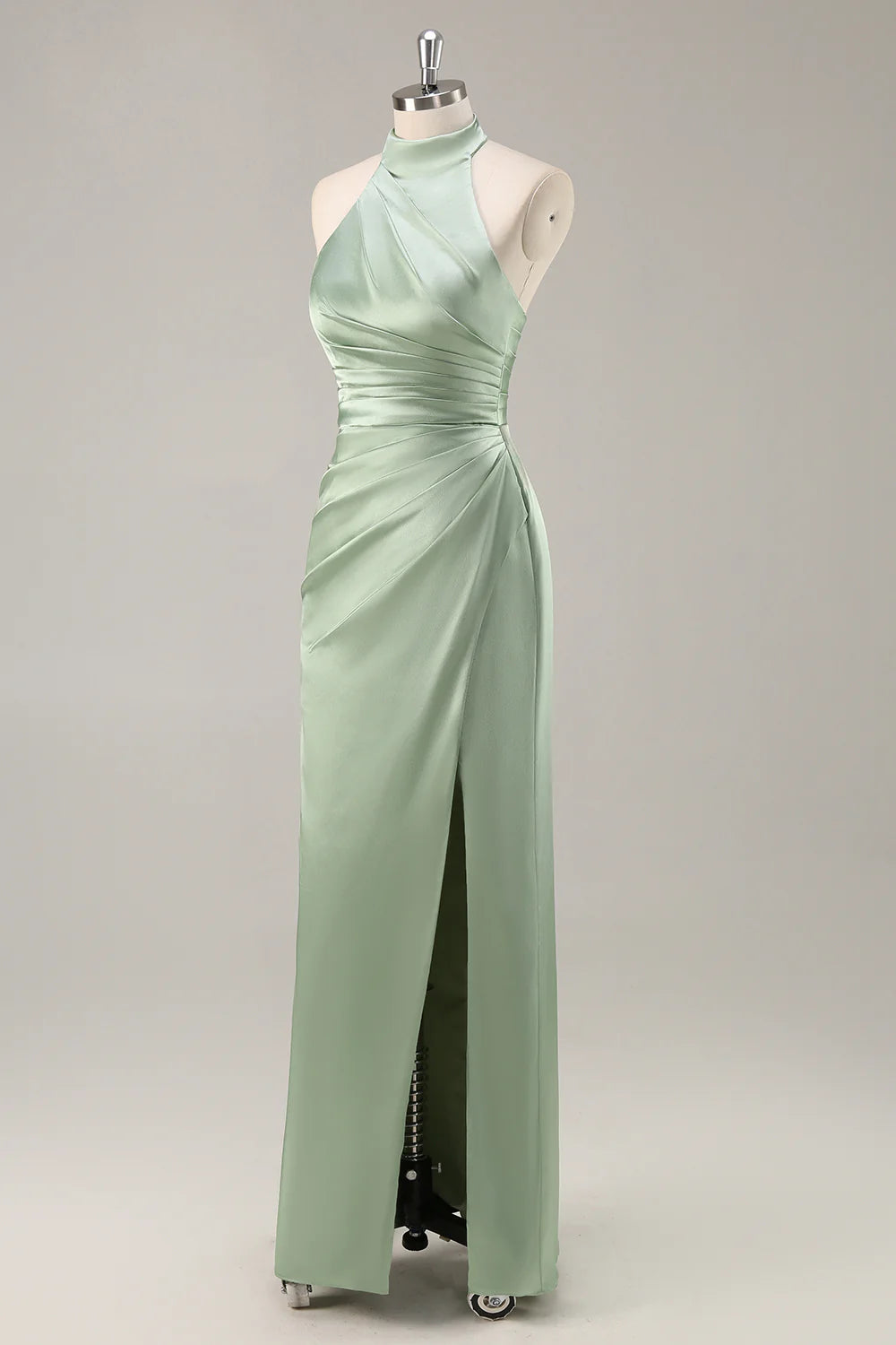 Strap satin pleated backless long bridal dress with slit