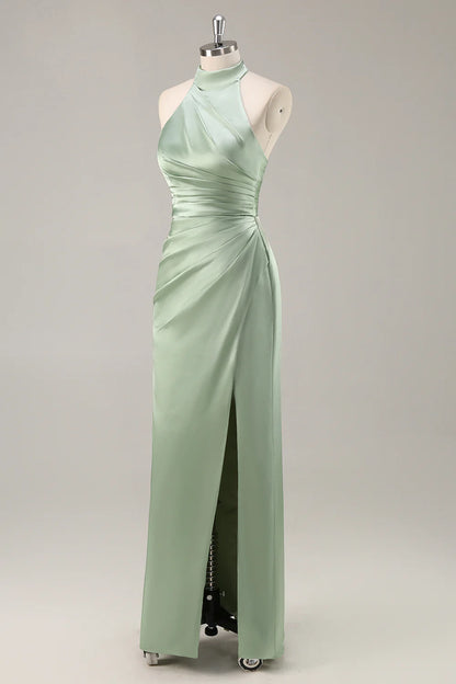 Strap satin pleated backless long bridal dress with slit