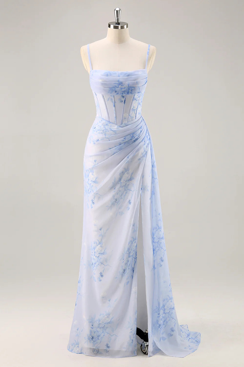 Blue Flower Mermaid Spaghetti Straps Ruched Long Bridesmaid Dress with Streamer