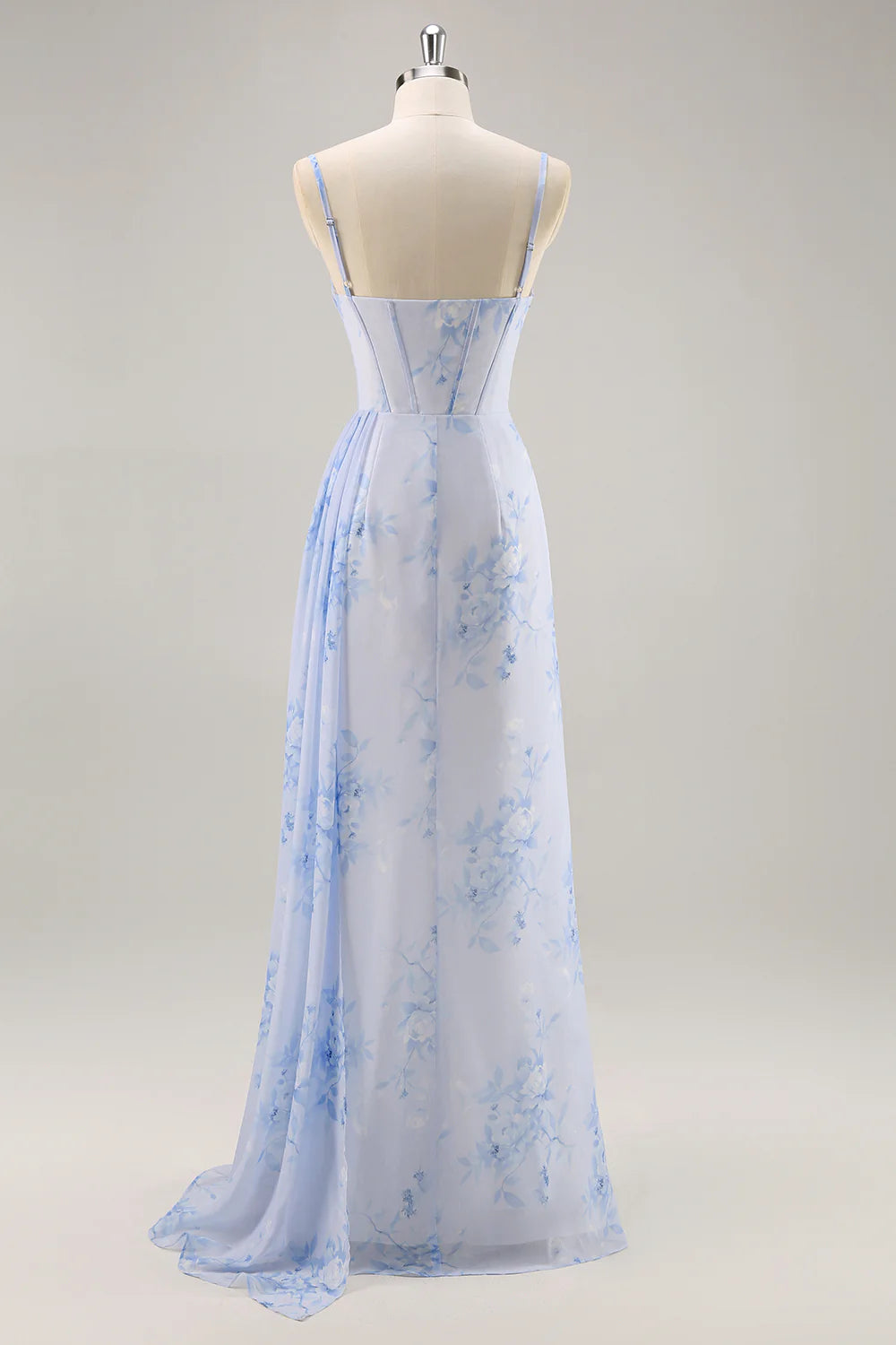 Blue Flower Mermaid Spaghetti Straps Ruched Long Bridesmaid Dress with Streamer