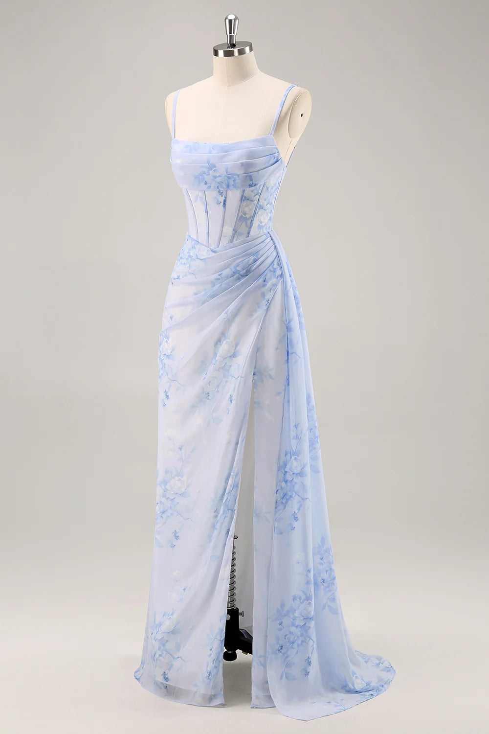 Blue Flower Mermaid Spaghetti Straps Ruched Long Bridesmaid Dress with Streamer