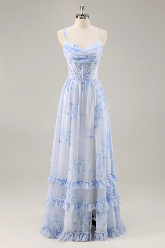 Blue flower A-line slim suspender tight corset long bridesmaid dress with slit