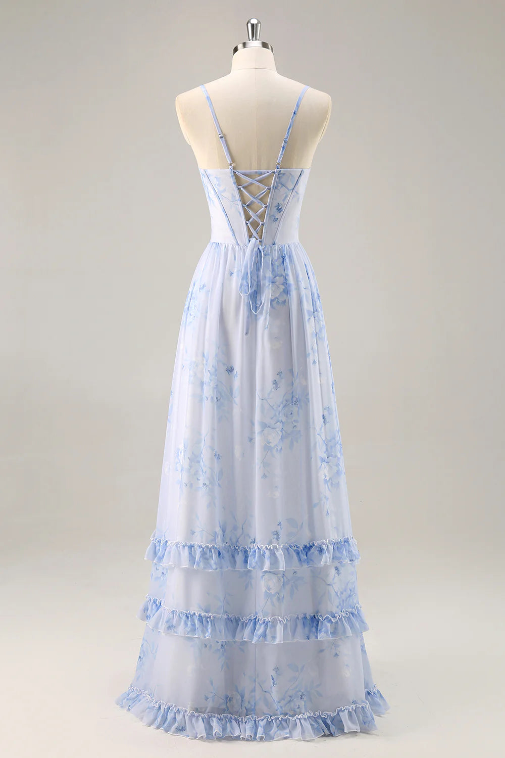 Blue Flower A-Line Cowl Neck Corset Long Bridesmaid Dress with Slit