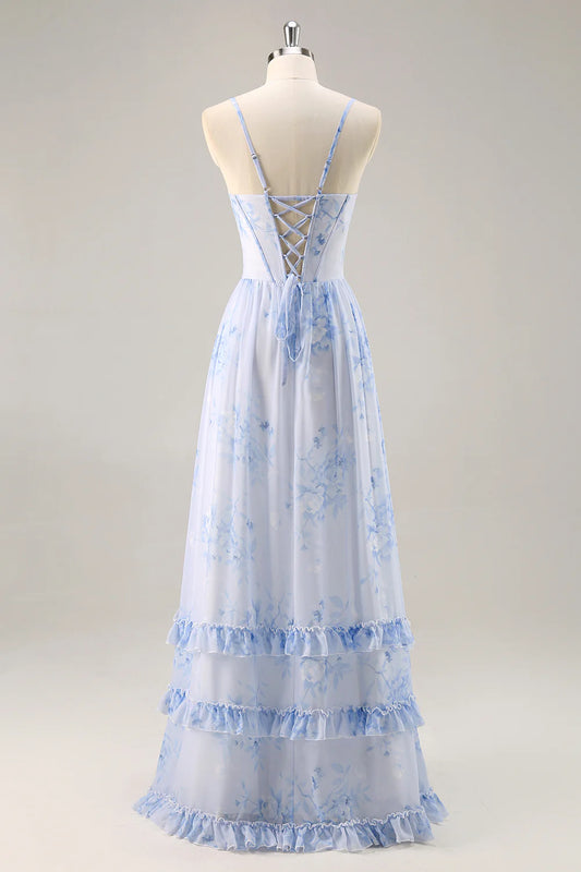 Blue flower A-line slim suspender tight corset long bridesmaid dress with slit