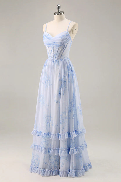 Blue flower A-line slim suspender tight corset long bridesmaid dress with slit