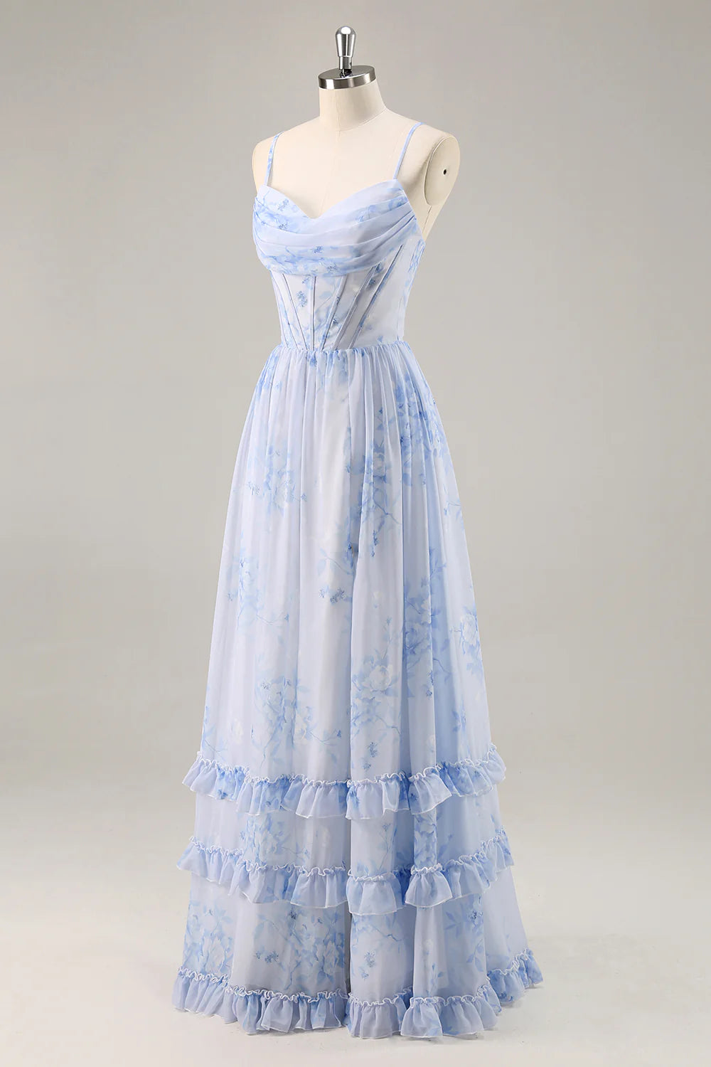 Blue Flower A-Line Cowl Neck Corset Long Bridesmaid Dress with Slit