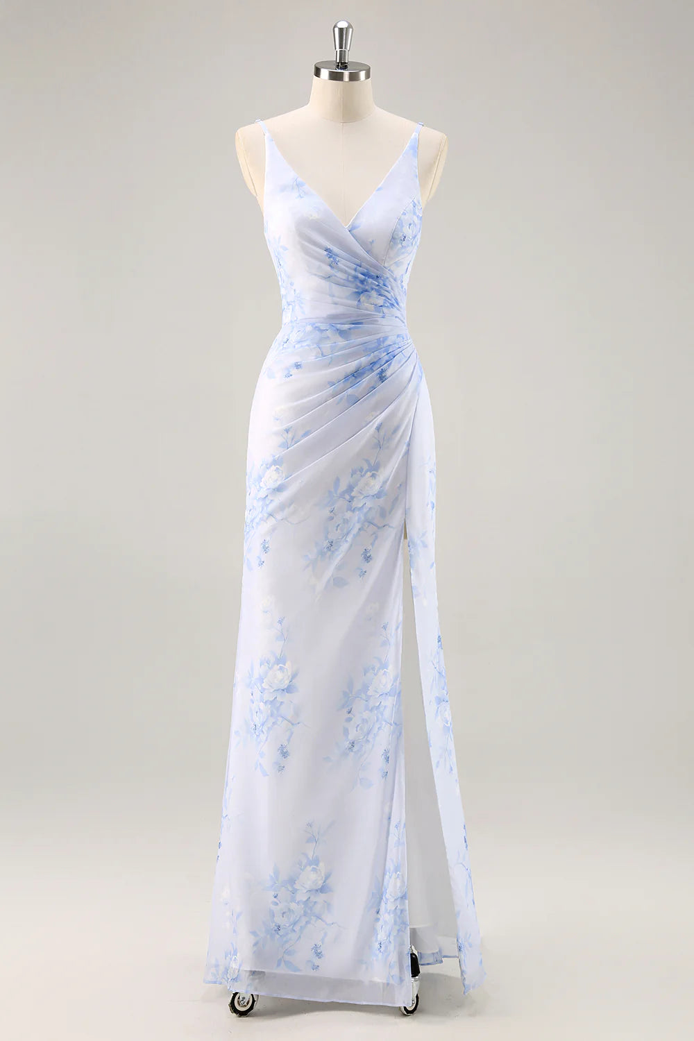 Blue Flower Sheath V Neck Ruched Long Bridesmaid Dress with Slit