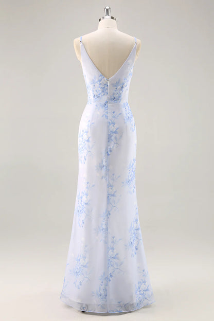 Blue Flower Sheath V Neck Ruched Long Bridesmaid Dress with Slit