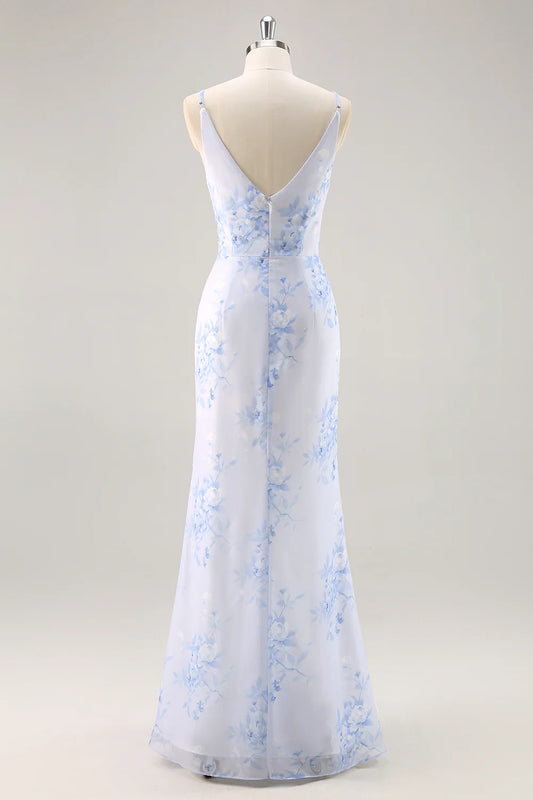 Blue Flower Sheath V Neck Ruched Long Bridesmaid Dress with Slit