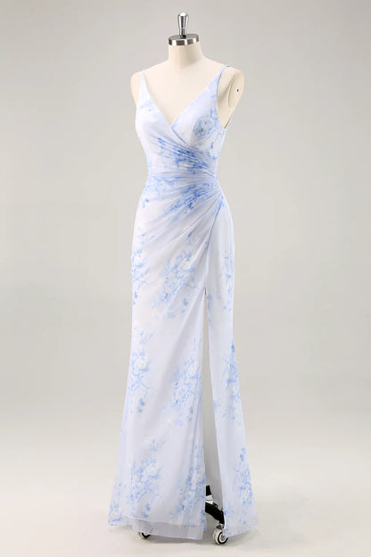 Blue Flower Sheath V Neck Ruched Long Bridesmaid Dress with Slit