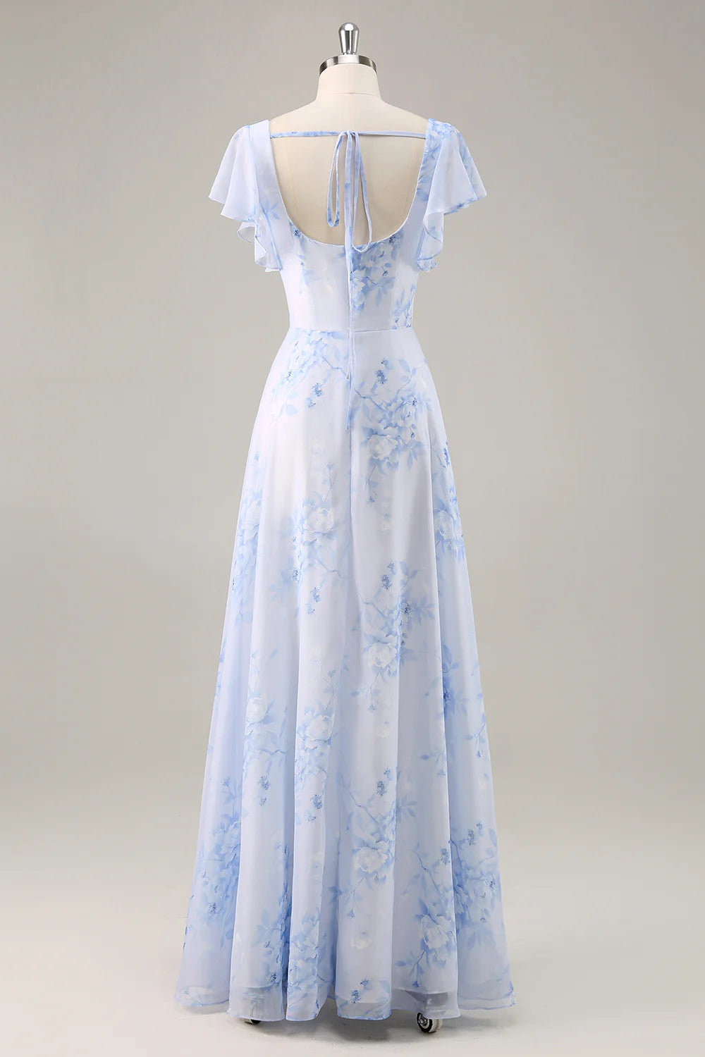 Blue Flower A-Line Square Neck Long Bridesmaid Dress with Slit