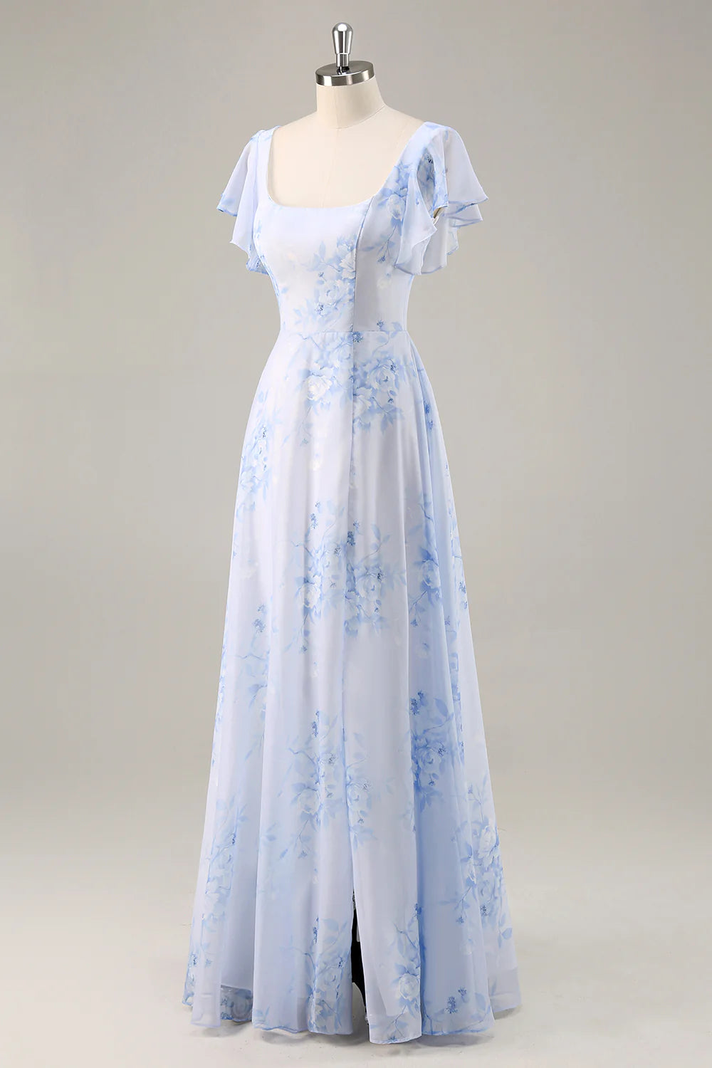 Blue Flower A-Line Square Neck Long Bridesmaid Dress with Slit