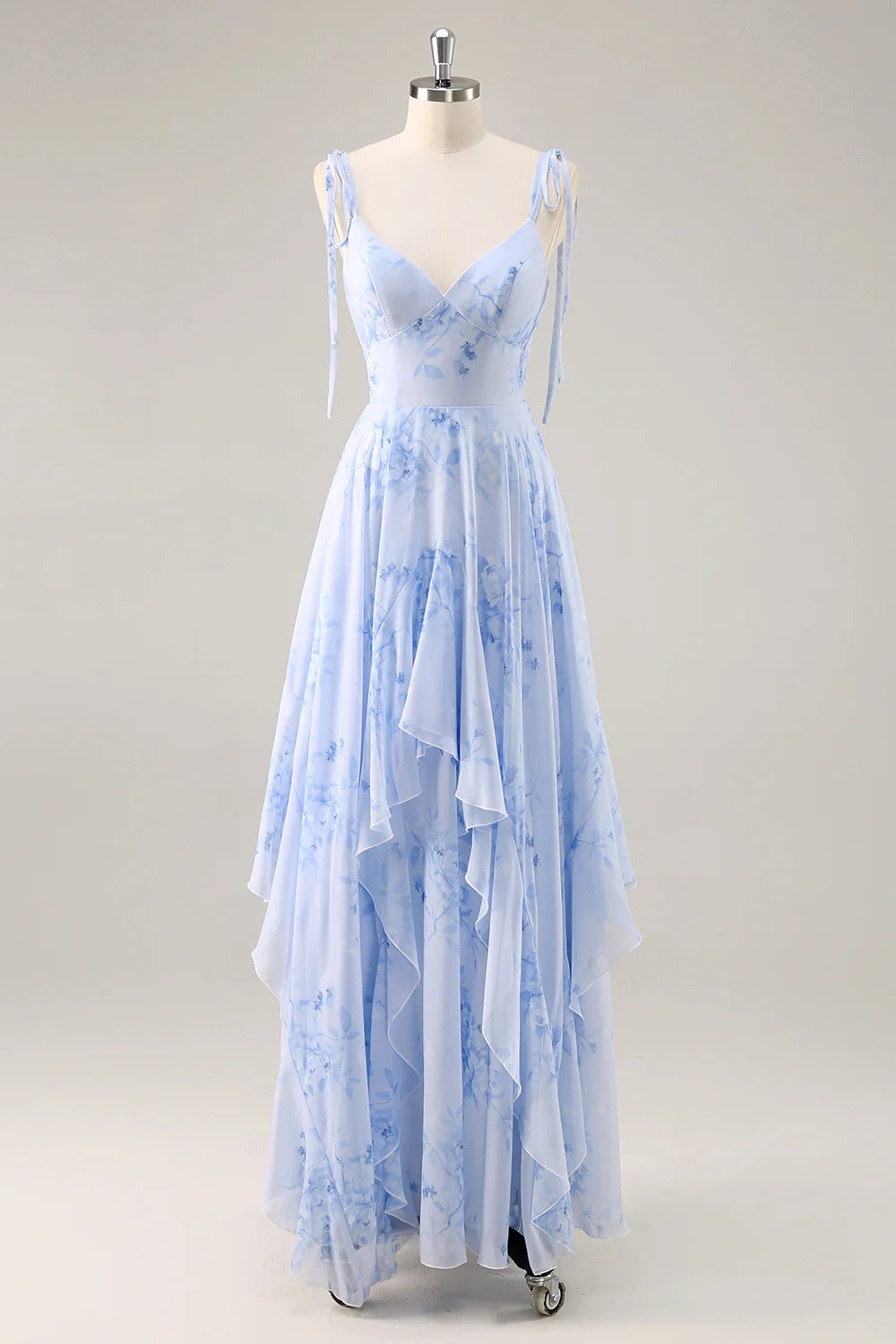 A-line slim suspender blue long floral pleated bridesmaid dress