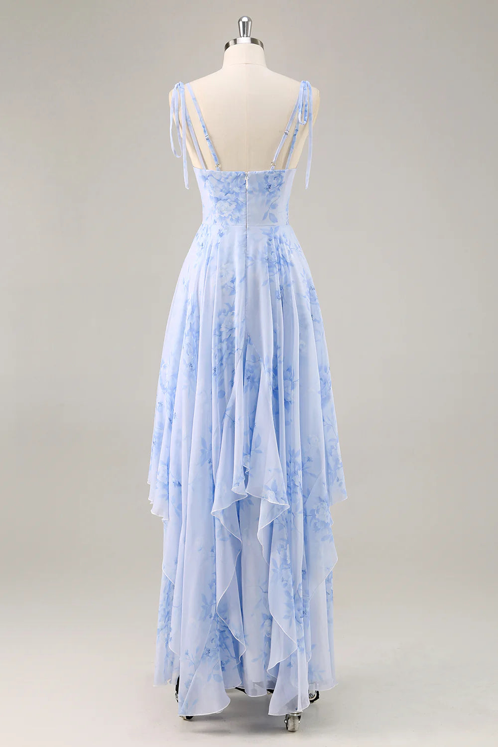 A-line slim suspender blue long floral pleated bridesmaid dress