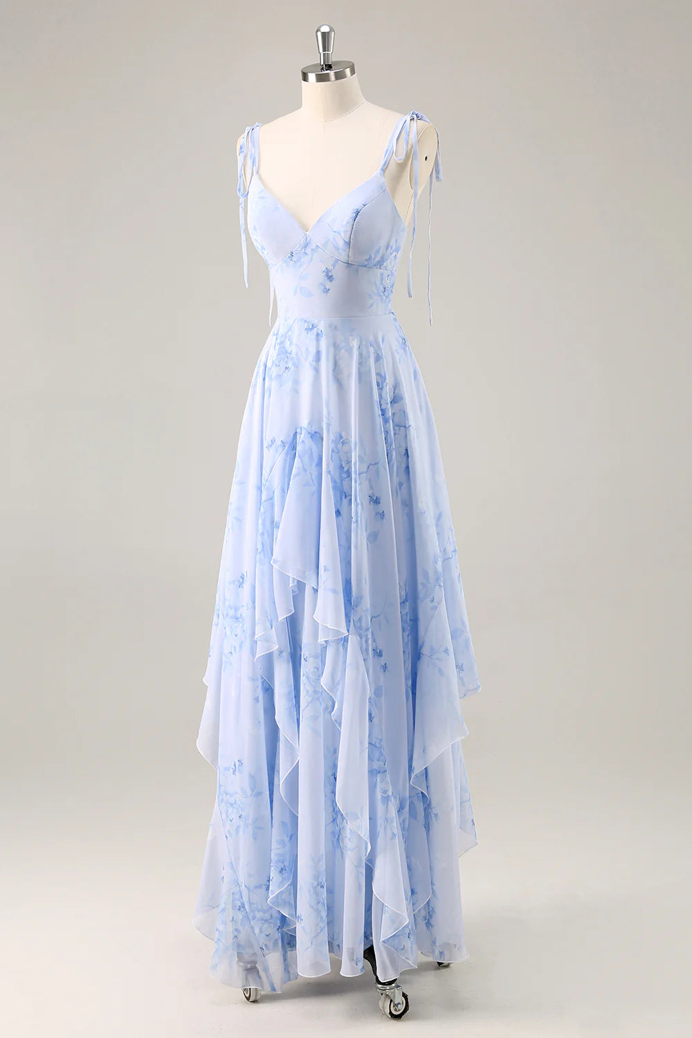 A-line slim suspender blue long floral pleated bridesmaid dress