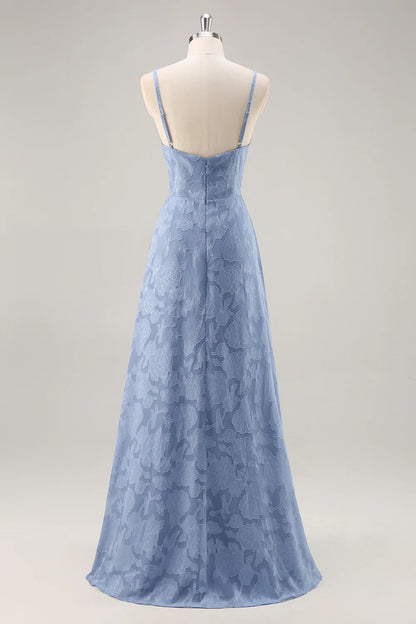 Dusty Blue A-Line Floral Long Bridesmaid Dress with Slit