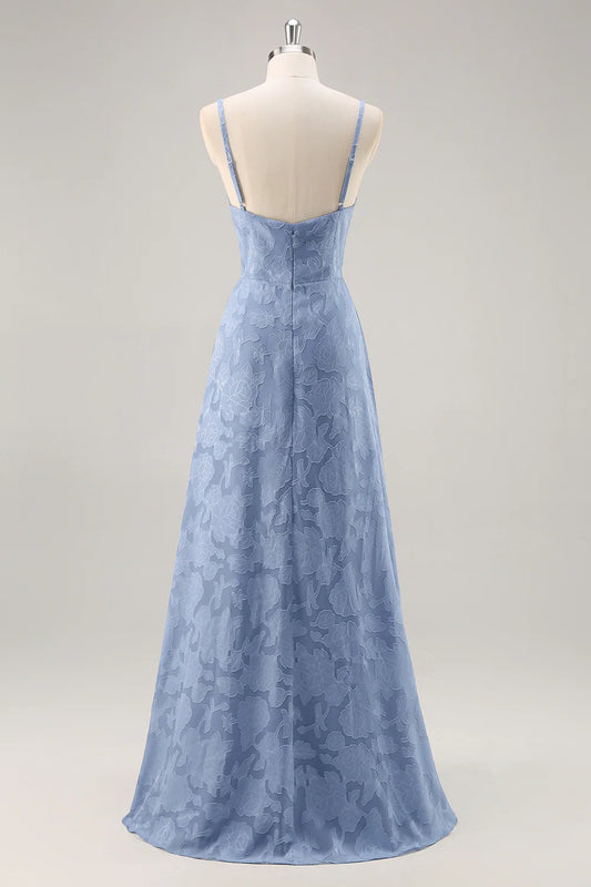 Dusty Blue A-Line Floral Long Bridesmaid Dress with Slit