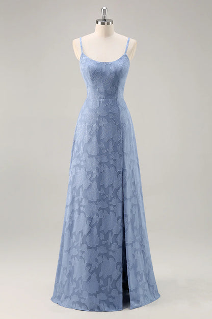 Dusty Blue A-Line Floral Long Bridesmaid Dress with Slit