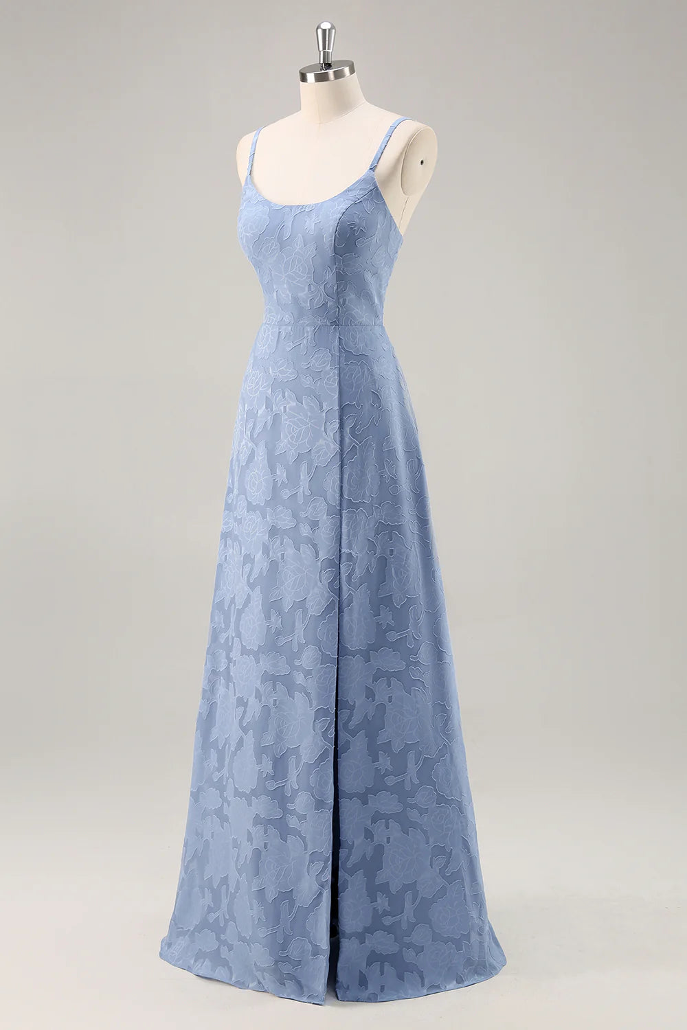Dusty Blue A-Line Floral Long Bridesmaid Dress with Slit