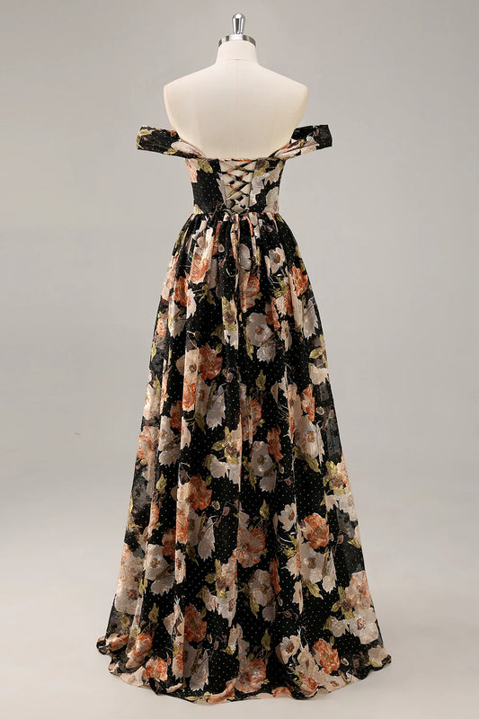 Black Flower A-Line Off The Shoulder Corset Ruched Maxi Dress with Beading