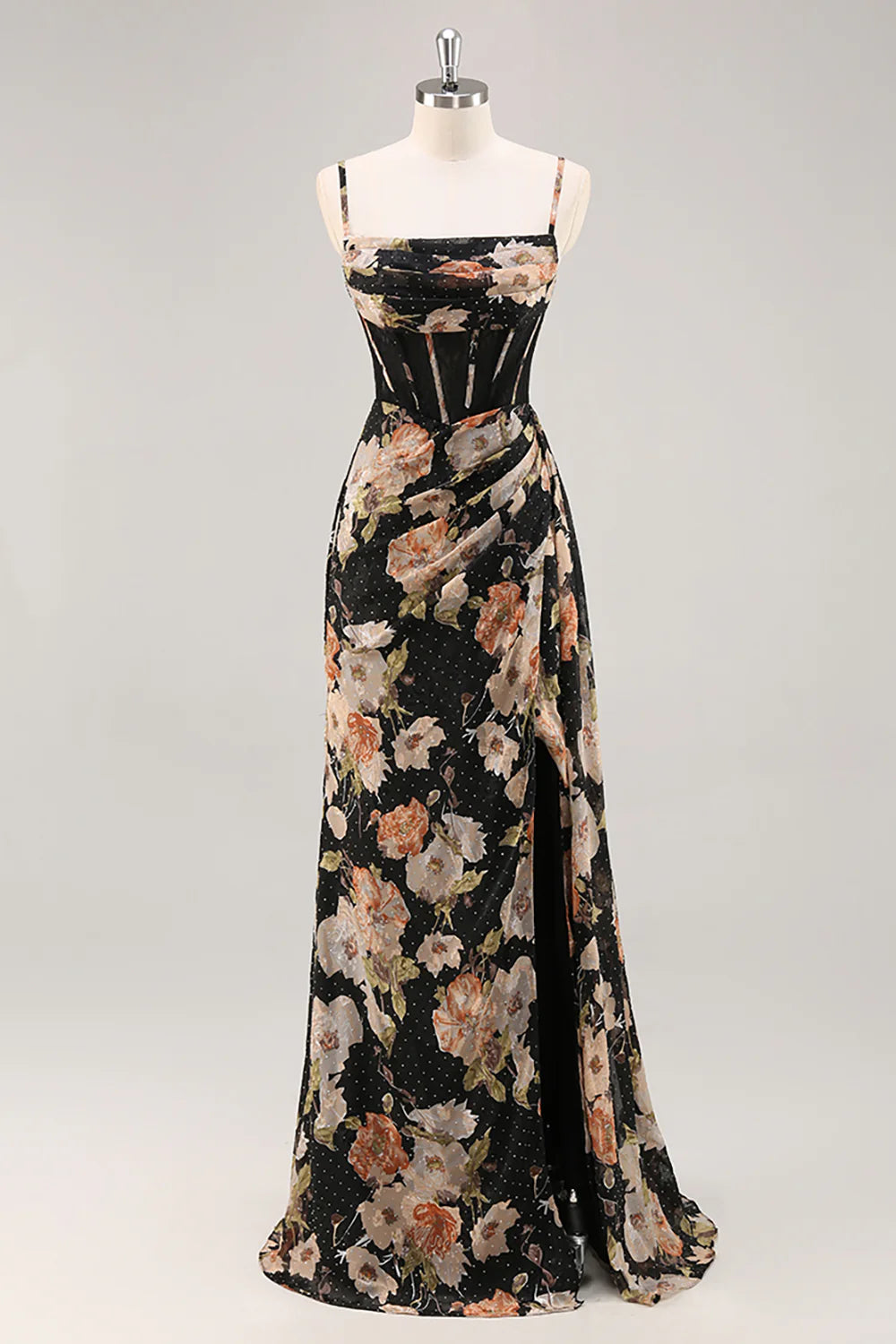 Black Flower Sheath Corset Ruched Beaded Maxi Dress with Slit