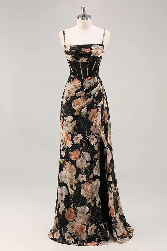 Black Flower Sheath Corset Ruched Beaded Maxi Dress with Slit