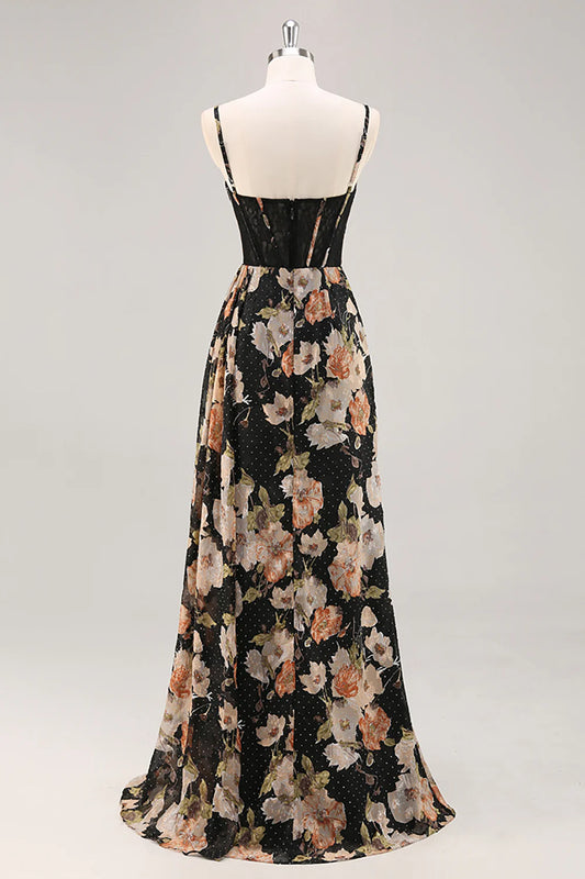 Black Flower Sheath Corset Ruched Beaded Maxi Dress with Slit