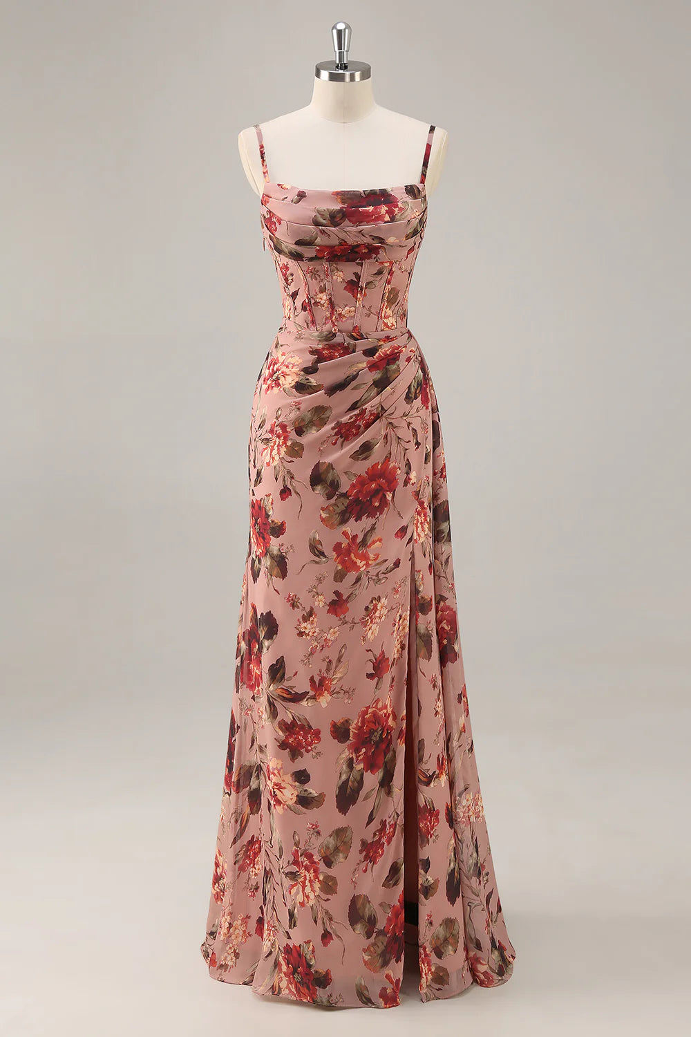 Dusty Rose Flower Sheath Corset Ruched Beaded Maxi Dress with Slit