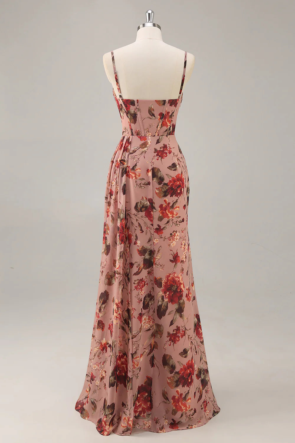 Dusty Rose Flower Sheath Corset Ruched Beaded Maxi Dress with Slit
