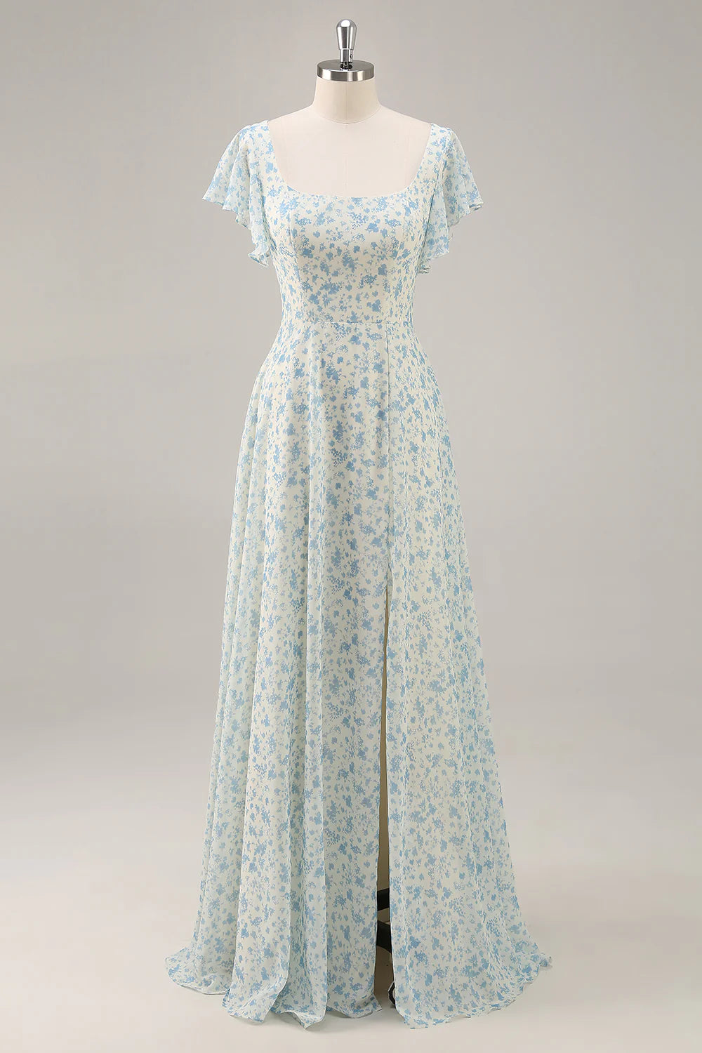 A-Line Square Neck Blue Flower Long Bridesmaid Dress with Slit