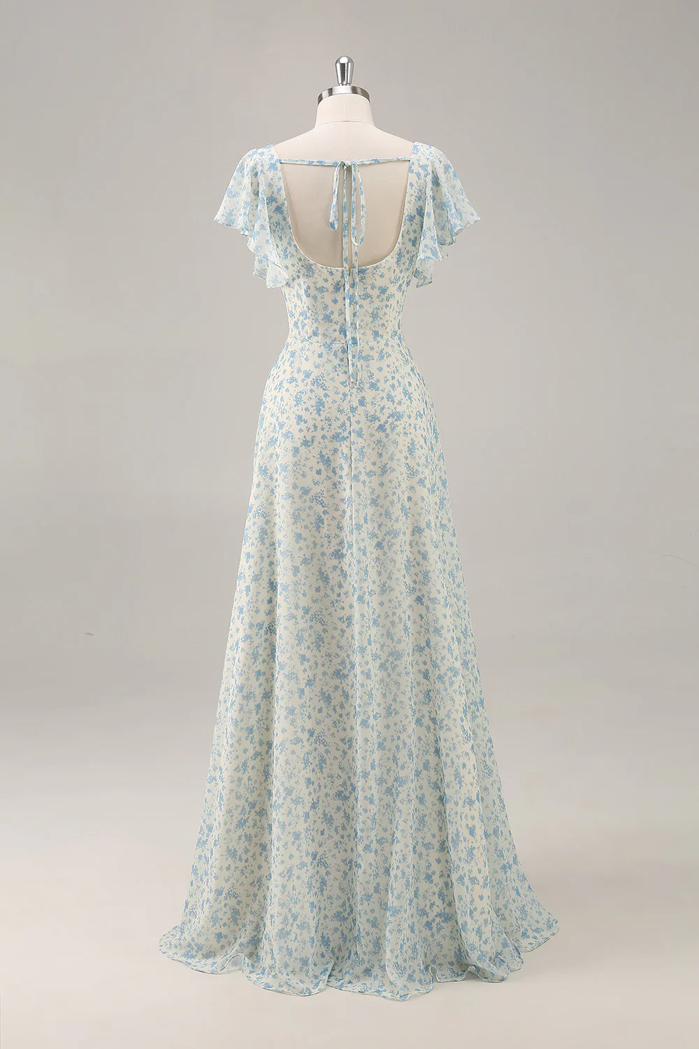 A-Line Square Neck Blue Flower Long Bridesmaid Dress with Slit