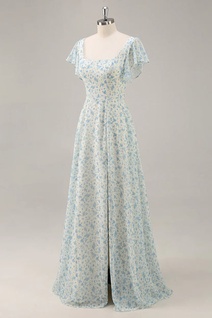 A-Line Square Neck Blue Flower Long Bridesmaid Dress with Slit