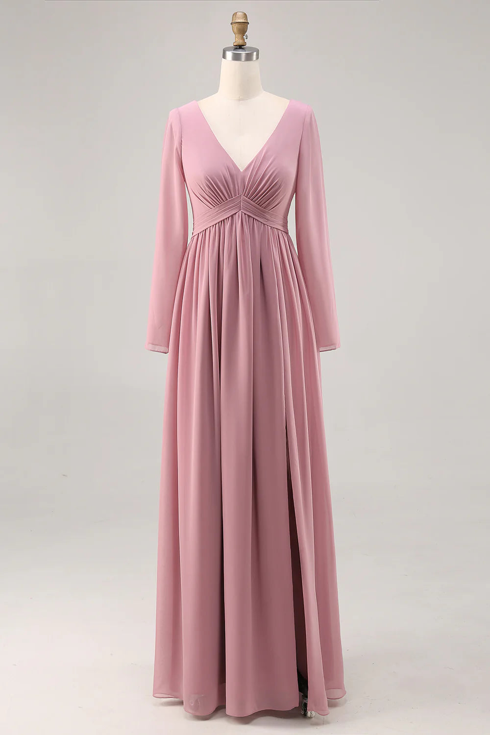 Dusty Rose A Line Long Sleeves Ruched Bridesmaid Dress with Slit