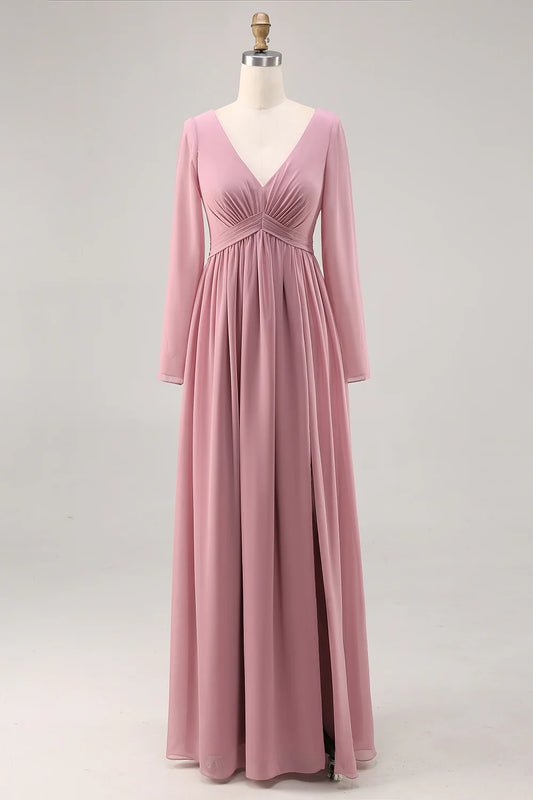 Dusty Rose A Line Long Sleeves Ruched Bridesmaid Dress with Slit