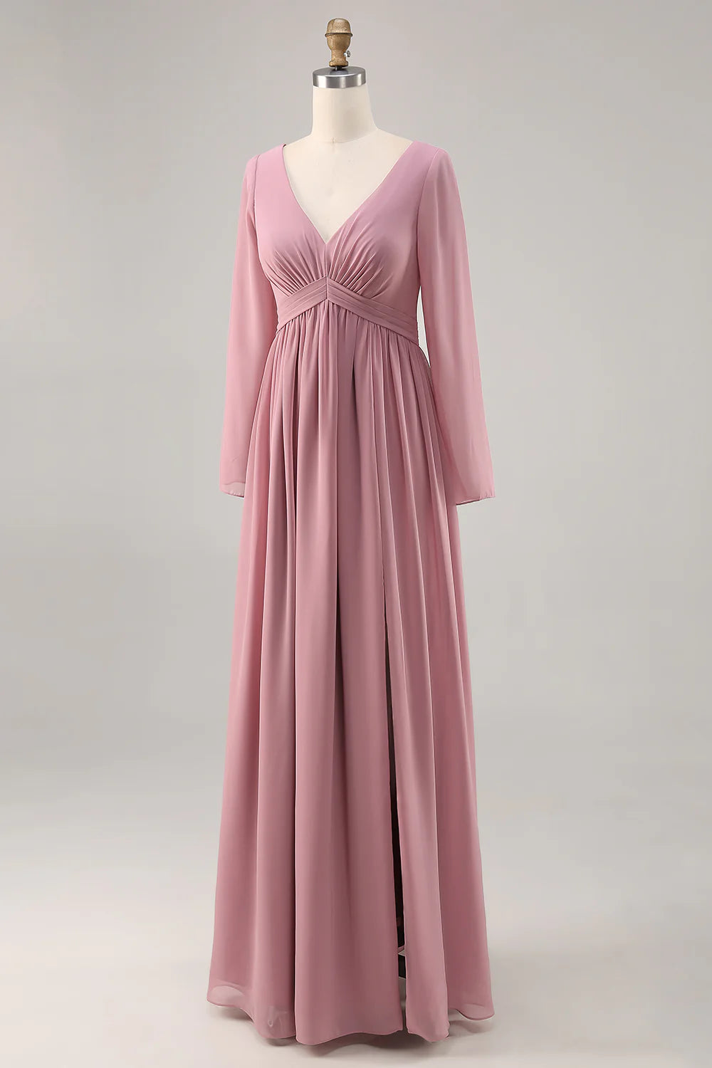 Dusty Rose A Line Long Sleeves Ruched Bridesmaid Dress with Slit