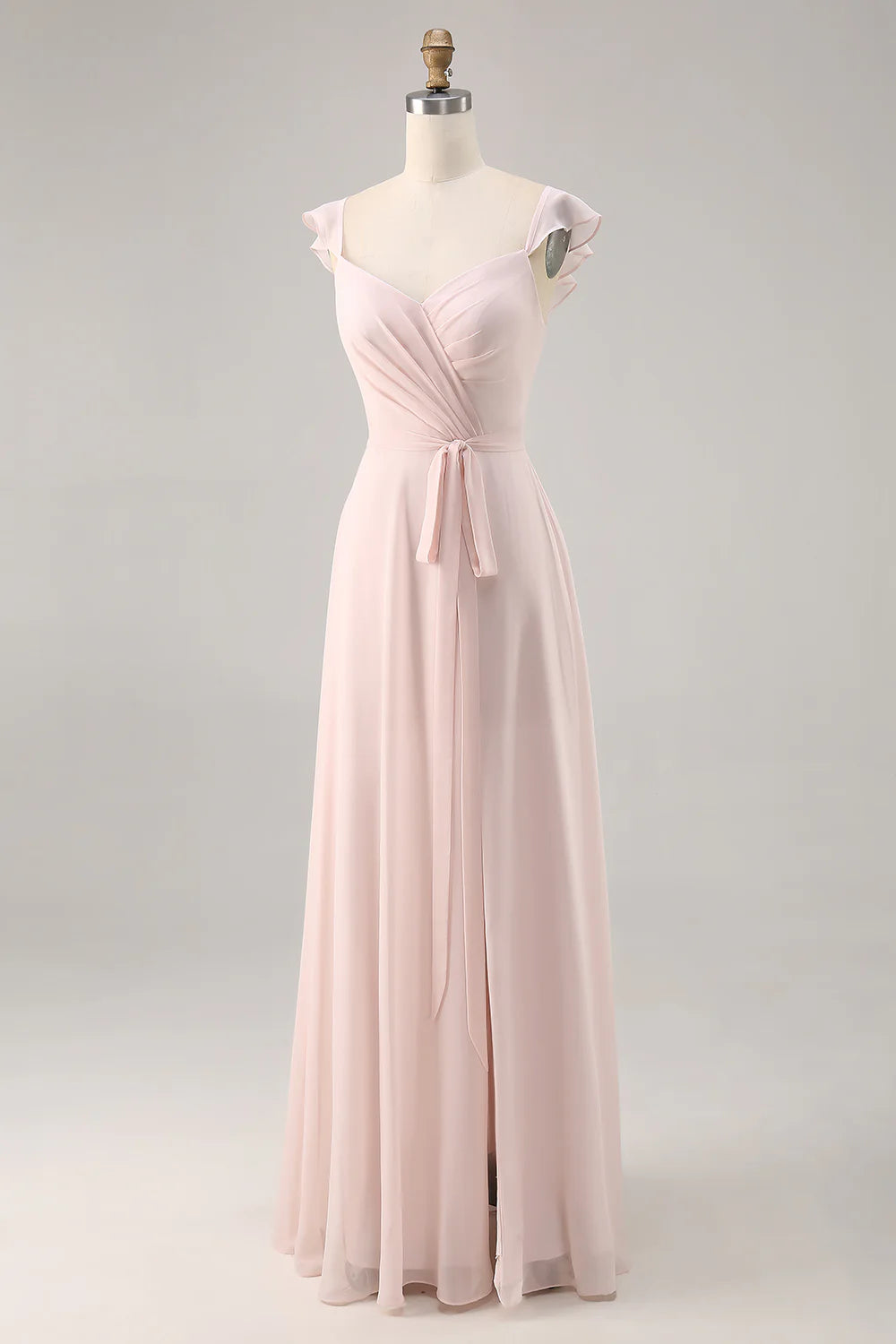 Candy Pink Chiffon Ruched A Line Long Bridesmaid Dress with Slit