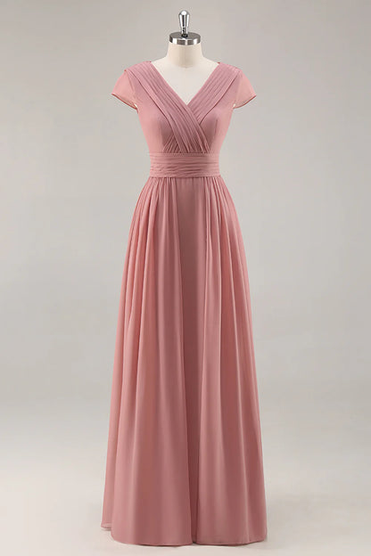 Dusty Rose A Line V Neck Chiffon Long Bridesmaid Dress