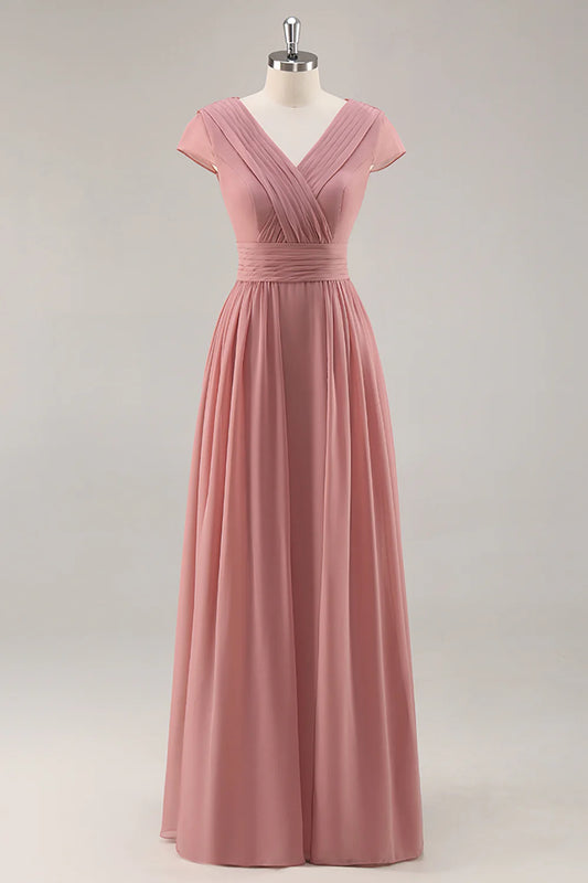 Dusty Rose A Line V Neck Chiffon Long Bridesmaid Dress