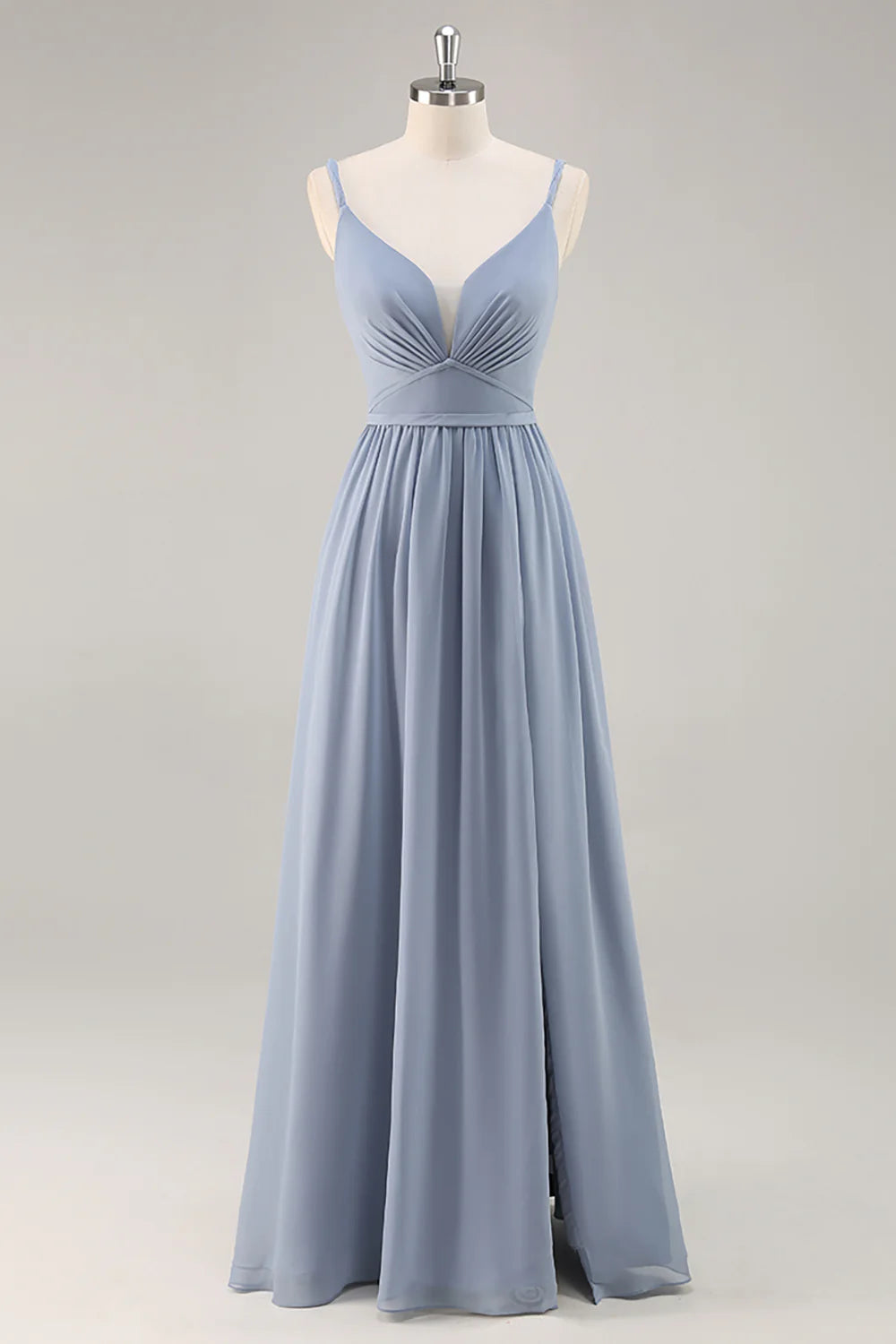 Blue A-line thin suspender backless pleated long bridesmaid dress with slit