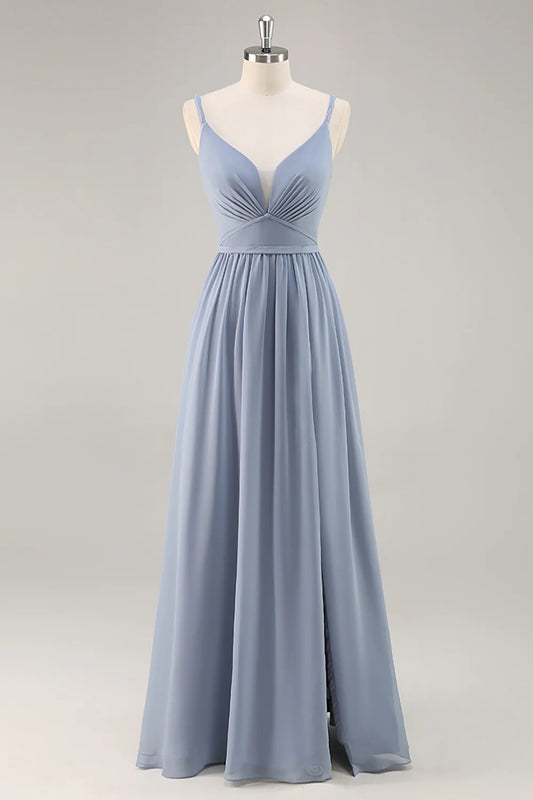 Blue A-line thin suspender backless pleated long bridesmaid dress with slit