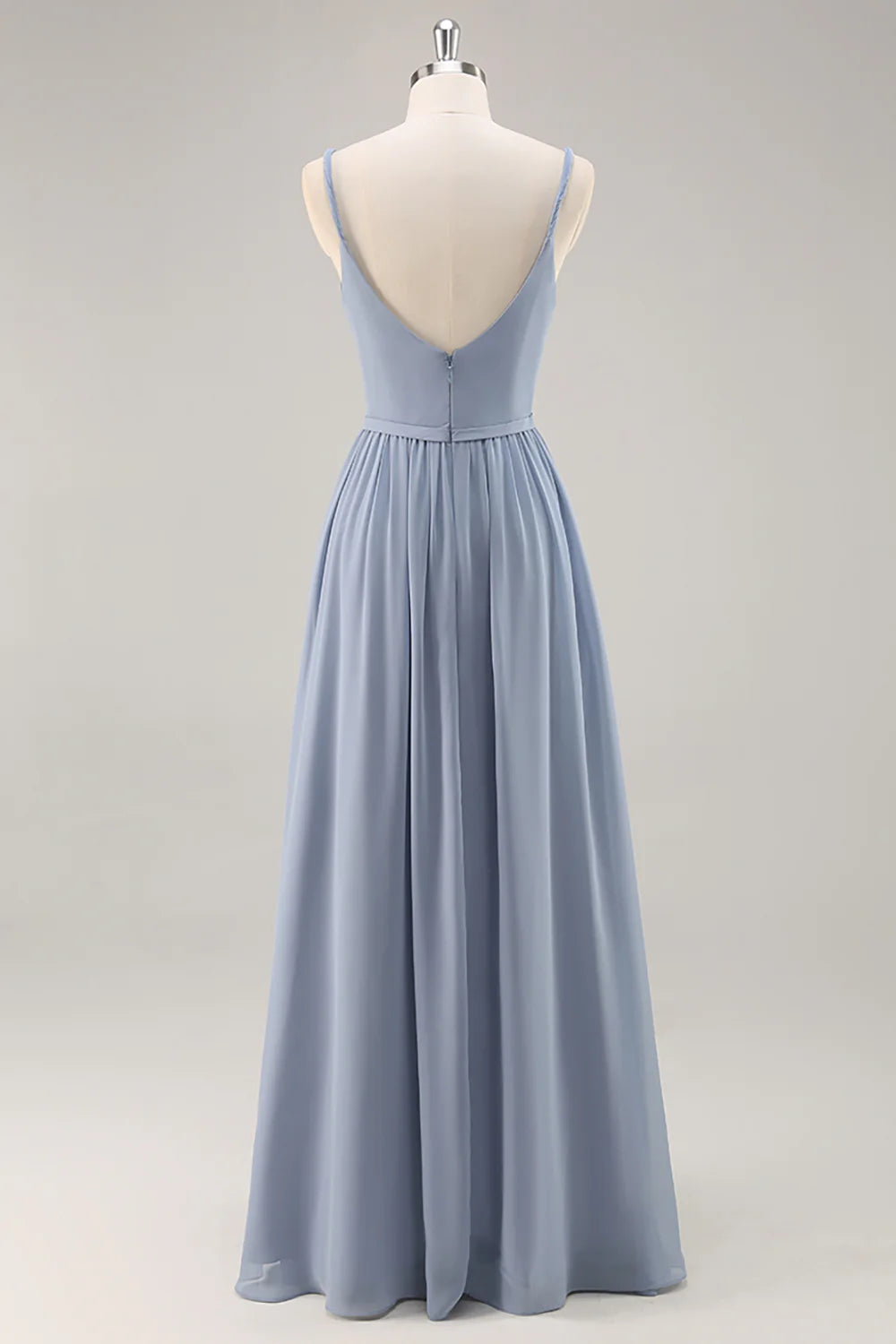 Blue A-line thin suspender backless pleated long bridesmaid dress with slit